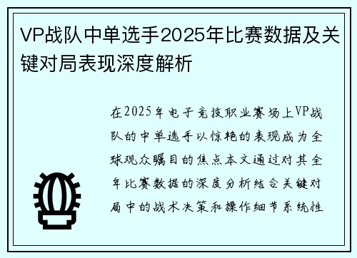 VP战队中单选手2025年比赛数据及关键对局表现深度解析
